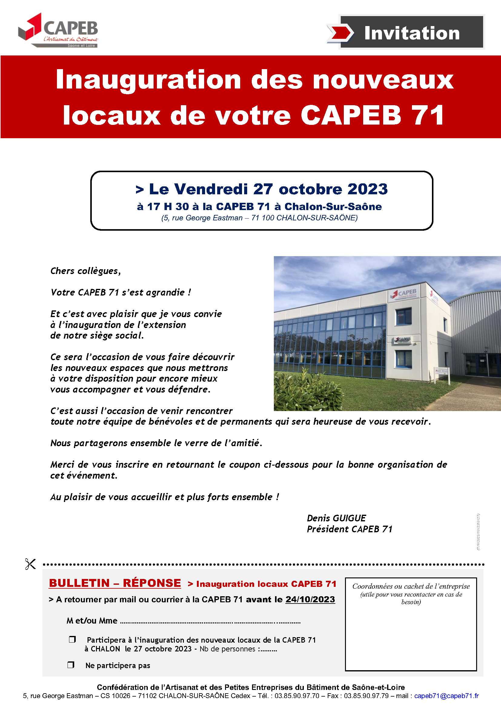 231027_Invitation Adhérents inauguration nouveaux locaux CAPEB 71